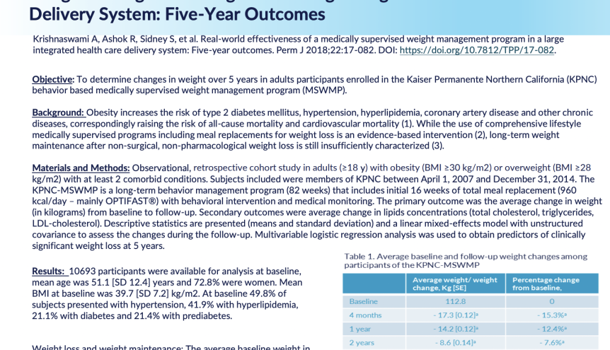 Real World Effecitveness of a Medically Supervised Weight Management Program in a Large Integrated Health Care Delivery System - Five-Year Outcomes