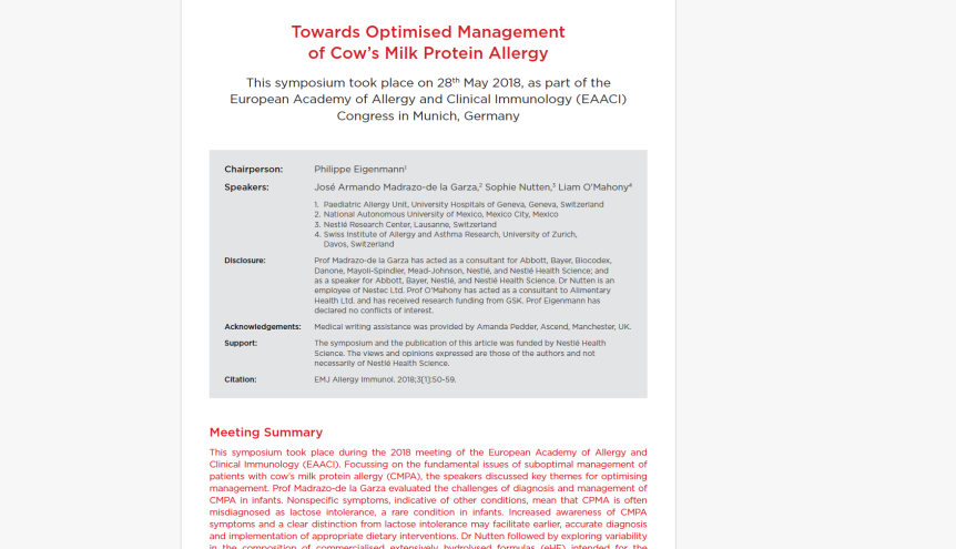 EAACI 2018 Symposium Review: Towards Optimised Management of Cow’s Milk Protein Allergy
