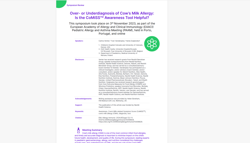 EAACI PAAM 2023 symposium review: Over- or Underdiagnosis of Cow’s Milk Allergy: Is the CoMiSS™ Awareness Tool Helpful?